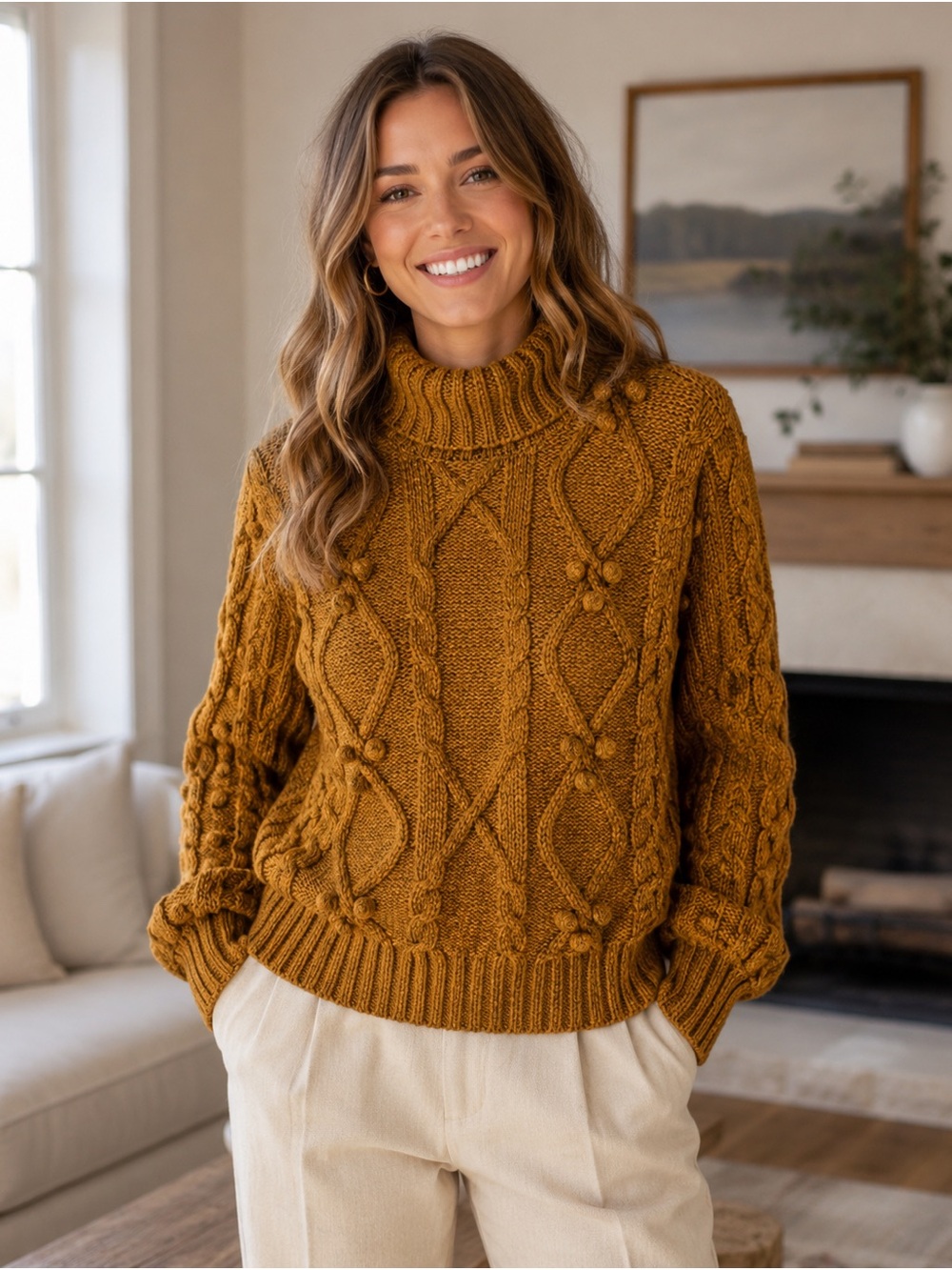 Cupcakes and Cashmere Women’s Small Mustard Cable Knit Bobble Turtleneck Sweater